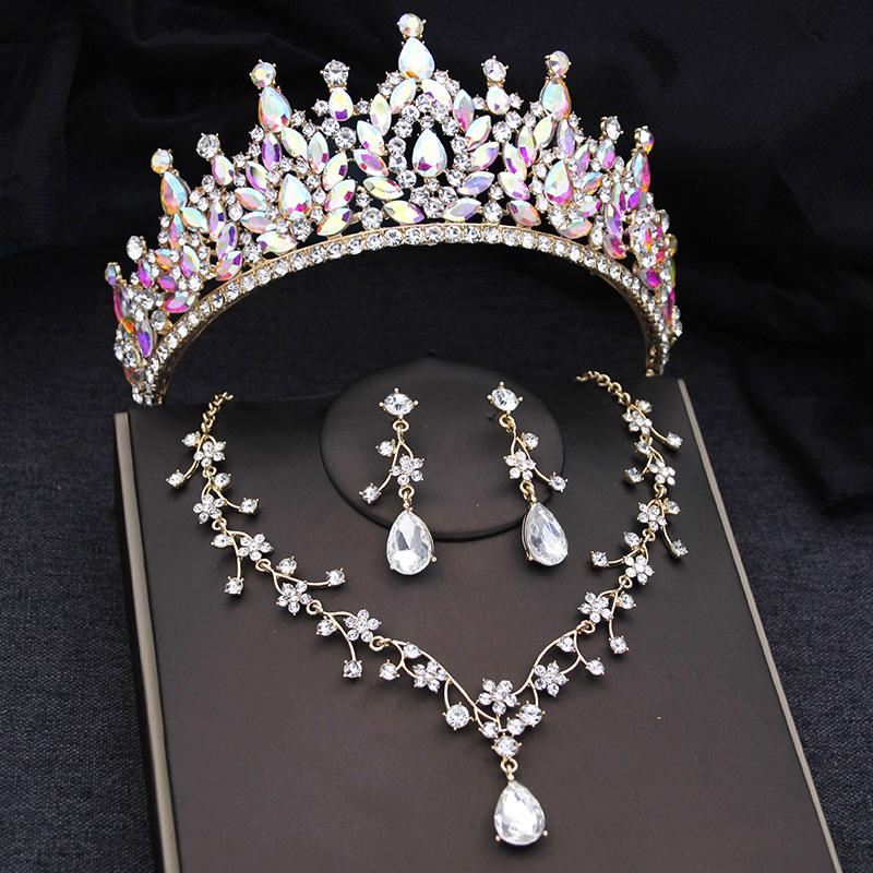 3-częściowy zestaw biżuterii ślubnej z koroną dla kobiet tiary i naszyjnik kolczyki księżniczka urodziny suknia ślubna biżuteria akcesoria