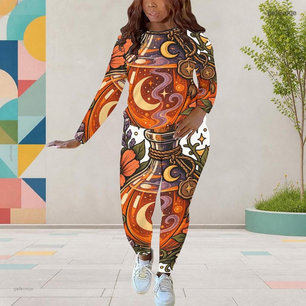 Women Plus Size Cartoon Printed Round Neck Long Sleeve Top Fitted Pants Two Piece Set