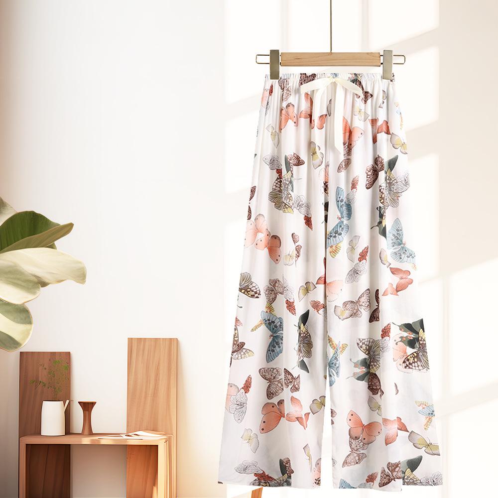 Women's Pajama Bottoms Floral Print Cuff Pants Wide Leg Pj Pants Elastic Waist Sleep Pants Loungewear Nightwear