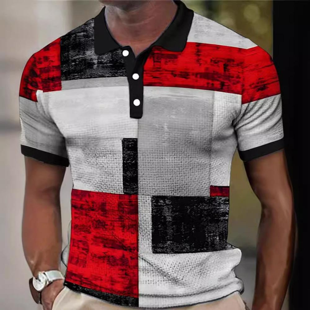 Fashion Block Splicing 3D Digital Printing Men's Casual Polo Shirt