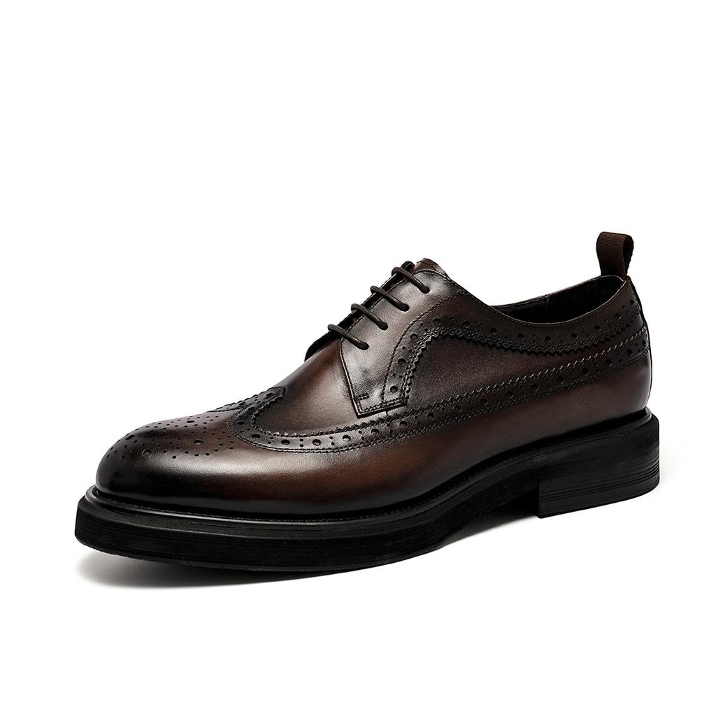 Round Head Block Men'S Leather Big Head Business Casual Shoes First Layer Cowhide Leather Shoes Thick Sole Increase
