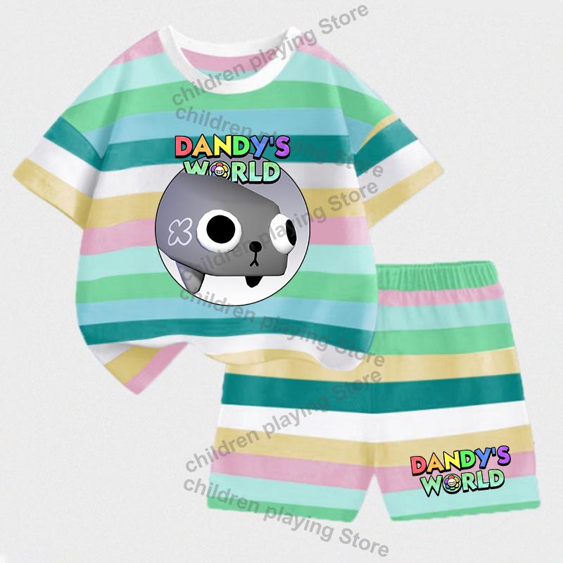 Dandys World Dziecięce Zestawy w Paski Lato Dziewczynki Chłopcy T-Shirt Szorty Garnitury Nadruk Kawaii Casualowa Odzież Sportowa Dziecięca Bielizna Nocna Prezenty