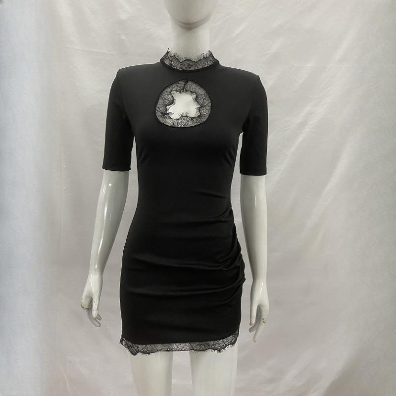 Retro fashion sexy lace hollow splicing slim fit dress S чёрный