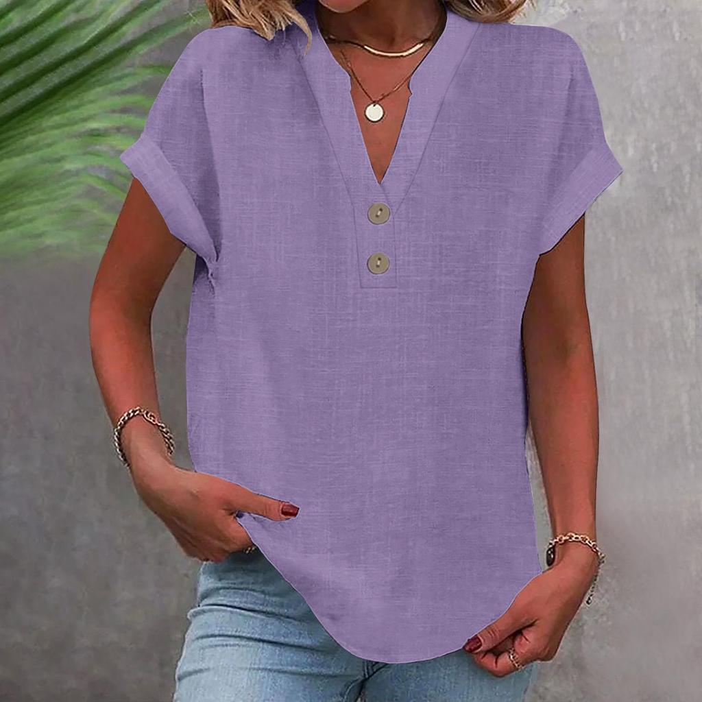 2025 Women's Solid Color V-Neck Buttoned Cotton-Linen Short-Sleeve Top