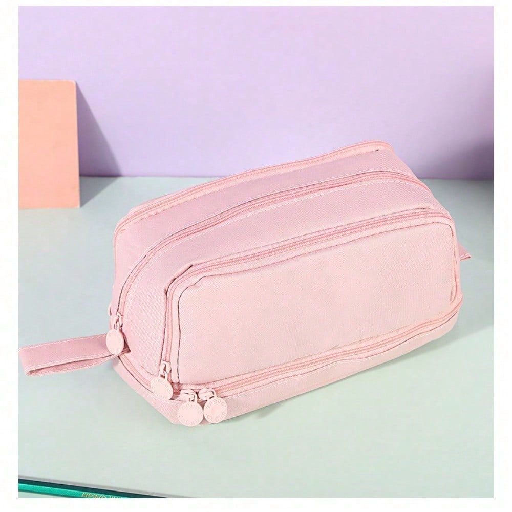 Double-layer Double-window Pencil Bag, Solid Color, Simple Multi-function, Large-capacity Storage Bag, Dirt-resistant Stationery Storage Bag