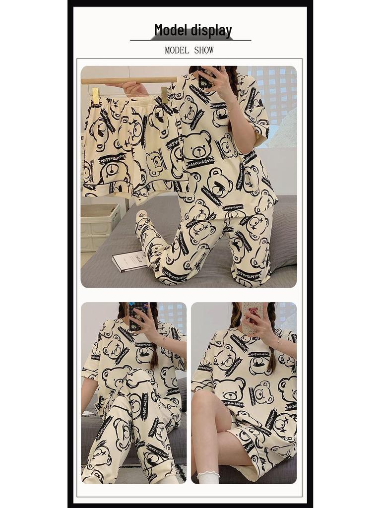 Women's Loose Summer Cartoon Pajama Set: Cute Short Sleeve Top & Long Pants for Spring/Autumn
