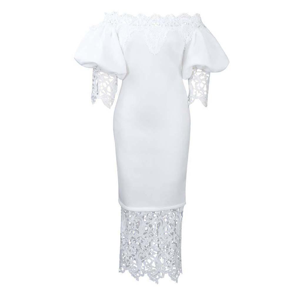 

Женское кружевное банкетное платье на одно плечо с рукавами-фонариками Large белый