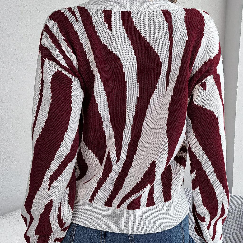 Herbst Winter Vintage Locker Langarm Oberteil Druck Farbe Strickjacke Strickware V-Ausschnitt Pullover