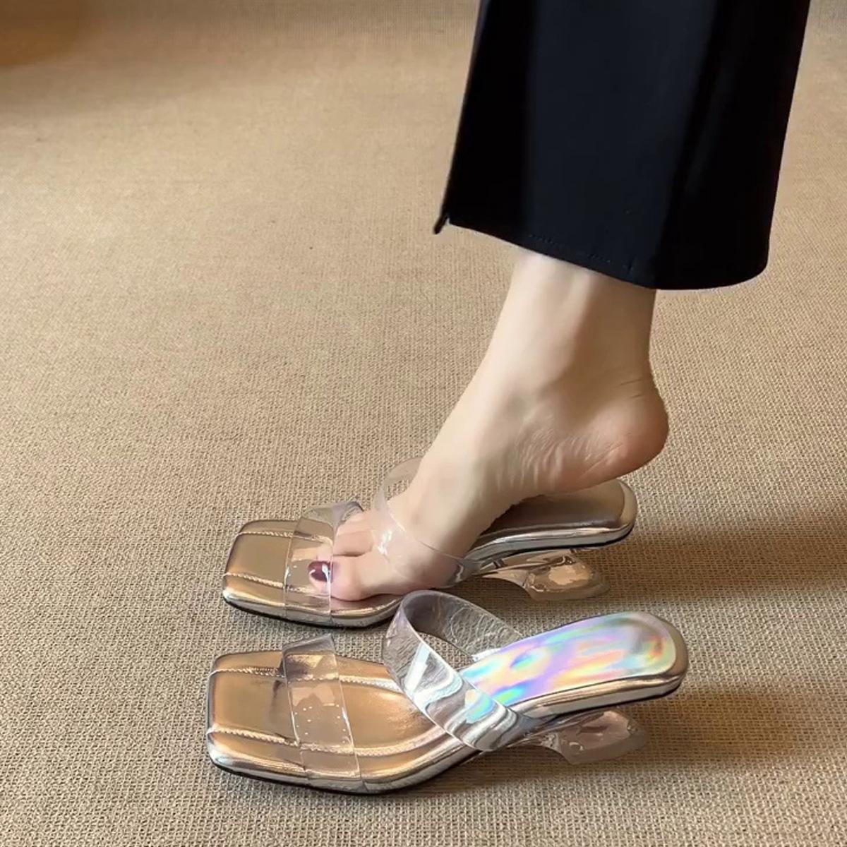 

Soft leather version~ French beautiful transparent one-word slippers for women to wear in summer, new models with skirts, fashionable high heels 39