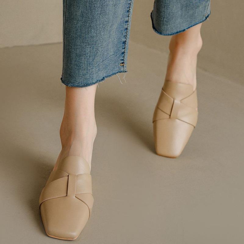 French retro square head bag head half slippers women's outer wear half tray fashion thick heel middle heel apricot half drag muller shoes