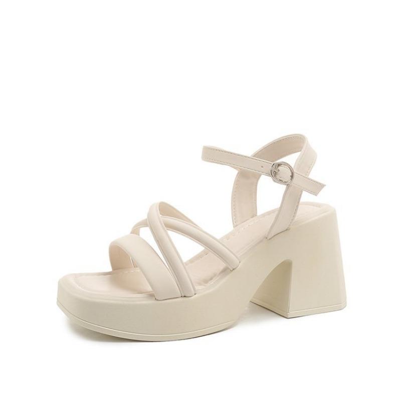 Large Size Waterproof Table Slope Heel Sandals Women's New Square Head Thin Belt Buckle Women's Shoes Wear One Word with Thick Heels High Heels