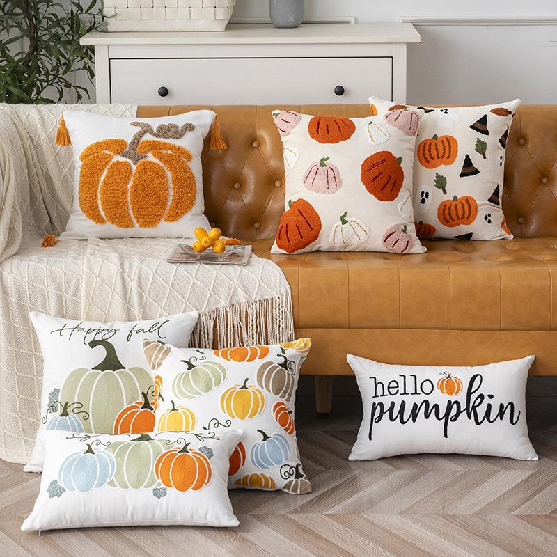 Halloween Plush Cushion Cover Embroidered Halloween Pumpkin Cushion Cover Halloween Decorative Sofa Cushion Covers