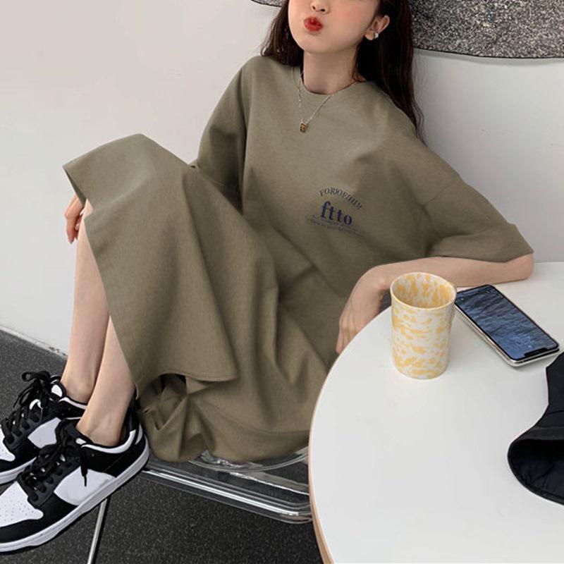 Women's Plus Size Summer T-shirt Dress: Loose Over-the-Knee Slit Skirt & Long Top Base Layer