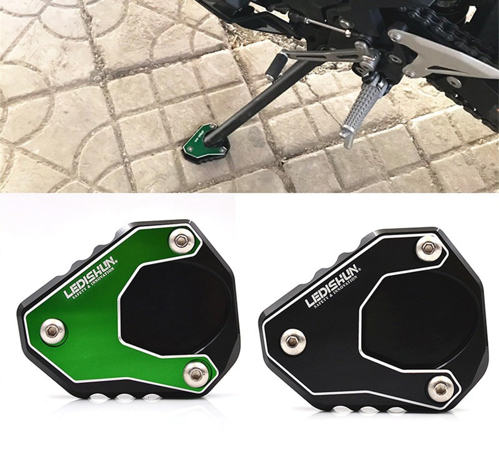 

Motorcycle Side Stand Plate for Kawasaki Ninja 400, Z400, ZX25R/SE, ZX4R, ZX4RR, and V-ERSYS650 (Green)