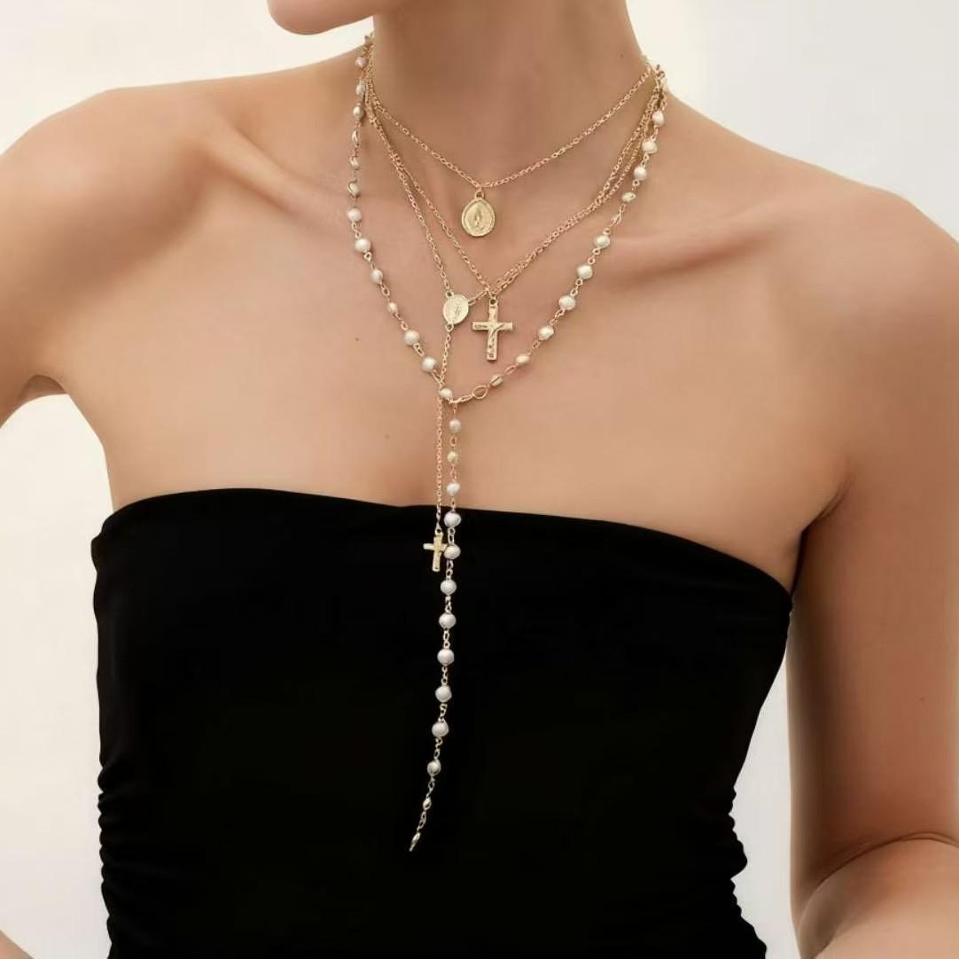 Европейско-американское ожерелье с кисточкой и крестом, с подвеской из имитации жемчуга - Многослойное женское украшение на ключицу