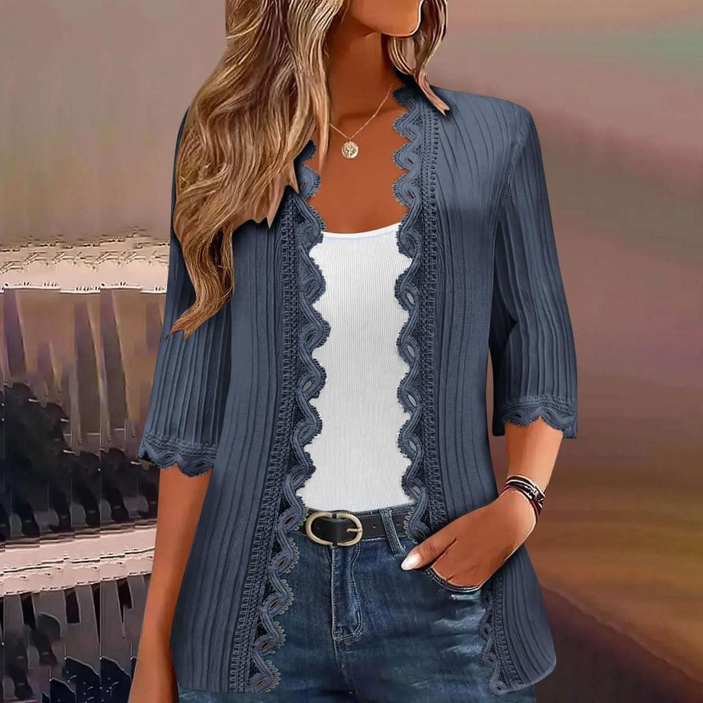 Women's Fashion Casual Seven Split Sleeve Solid Color Lace Cardigan Jacket