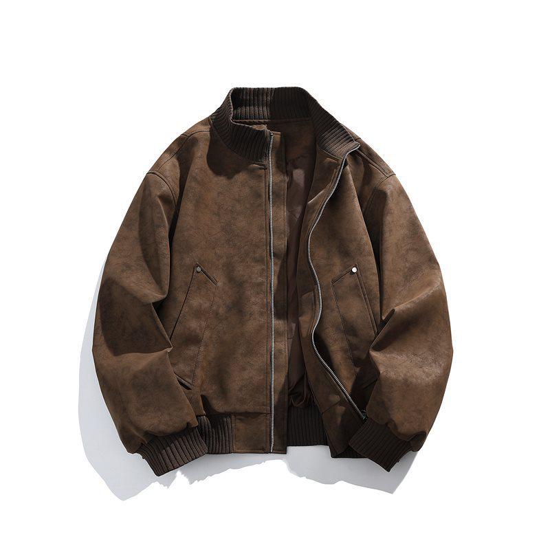 Men's Retro Versatile Stand Collar PU Leather Jacket - Casual and Wear-resistant for Spring and Autumn
