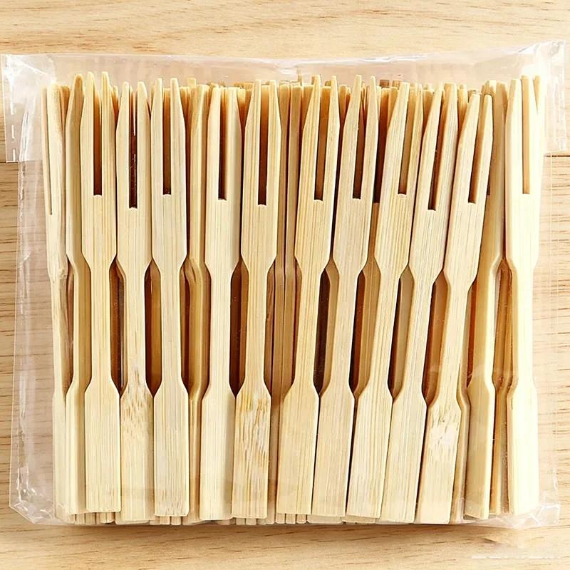 100PCS Bamboo Disposable Wooden Fruit Fork Fruit Toothpick Dessert Fork Set Party Home Tableware Supplies Disposable Forks SGC02