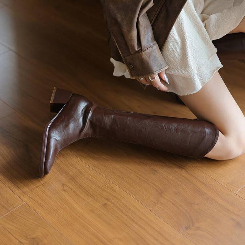 Autumn and Winter Square Head High Boots Rubber Sole Large Size Women's Boots Middle Heel Back Zipper Leather Boots Women's Solid Color Square Head F