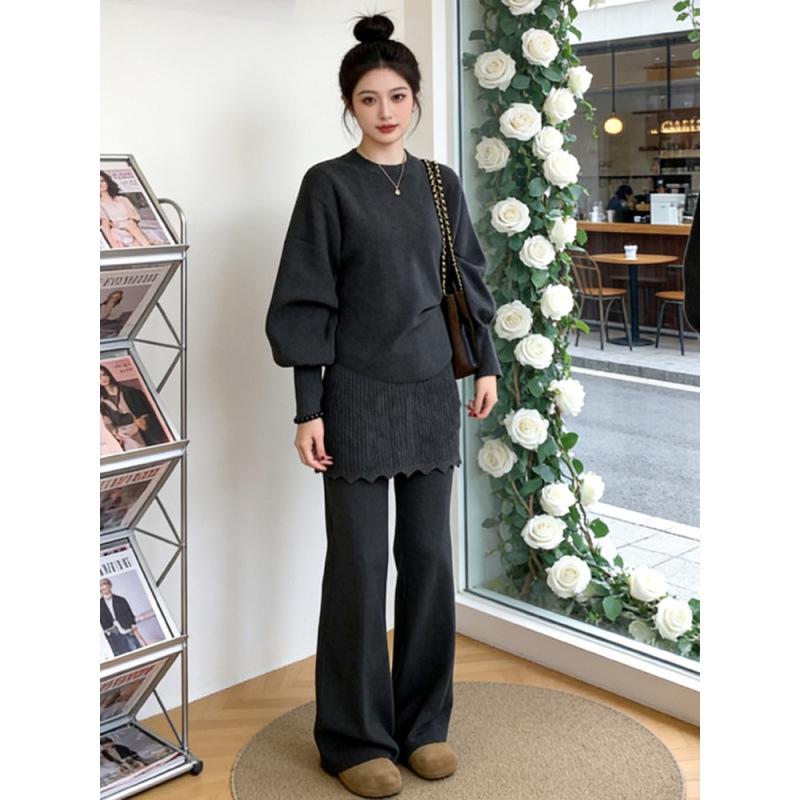 Korean Style Loose Knit Sweater & Lace Patchwork Wide-Leg Pants Set for Women