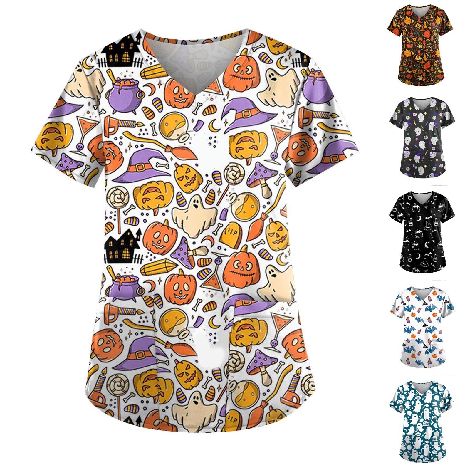 

Женский топ с карманом и карманом с коротким рукавом и v-образным вырезом на Хэллоуин