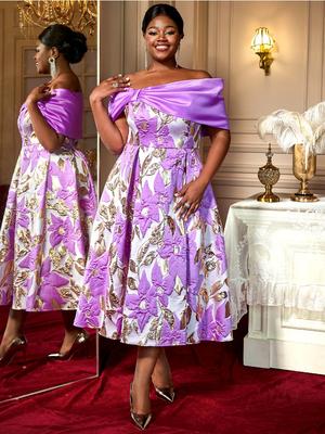 Purple Floral Jacquard Cold Shoulder Dresses for Women High Waist A Line Evening Birthday Cocktail Party Midi Gowns Outfits