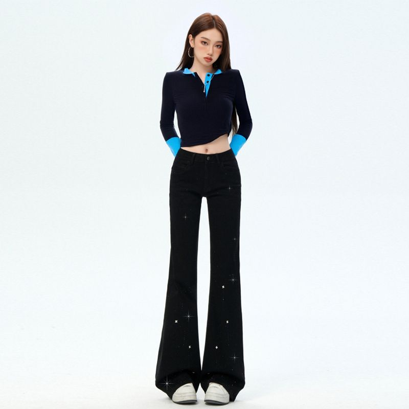Spring Summer Light Blue Rhinestone Low Waist Non Cling Soft Stretch Micro Flare Slim Denim Pants Women Casual Pants Oversize Denim Trousers