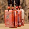 European-American Retro Red Stone Square Pendant Necklace: Hand-Woven Long Rope Style for Women.