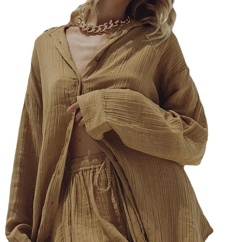 Summer Women's Casual Two Piece Long Sleeve Shirt Top And Shorts Sportswear Set