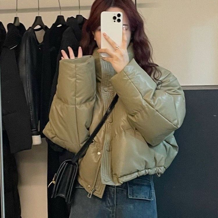 Glossy leave-in PU leather down cotton-padded clothes women's short stand-up collar new small bread clothes cotton-padded jackets trendy