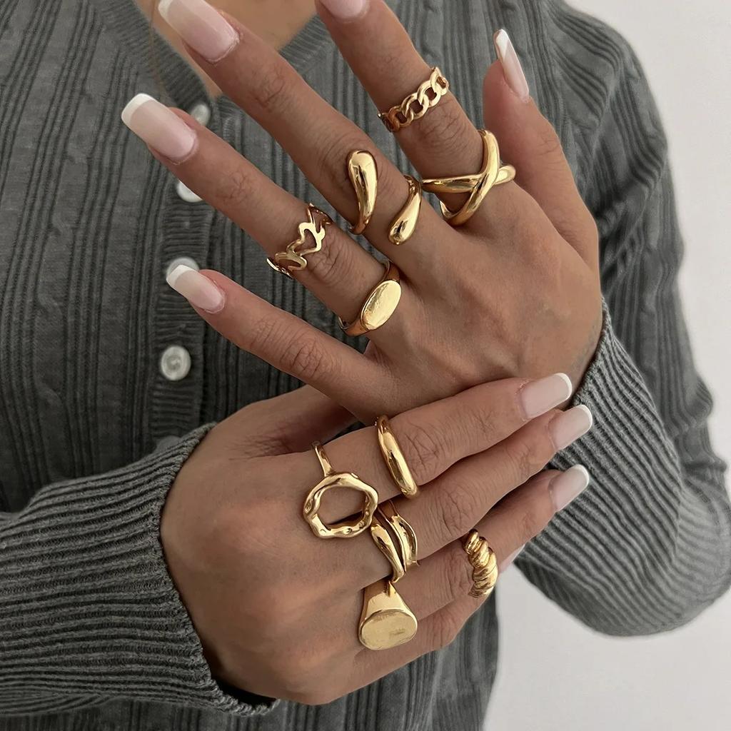 10Pcs/Set Geometric Trendy Gold Copper Color Cuff Rings Set For Women Girl Metallic Stainless Steel Minimalism Fashion Chic Ring