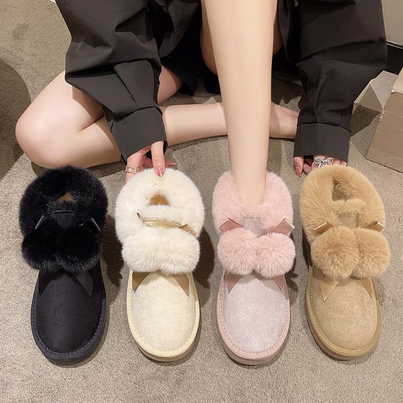 Women's Cute Fur Ball Fashion Lightweight Heightening Thick Sole Winter Warm Fur One Snow Boots Plush Lining Non-slip Casual Sports Cotton Boots