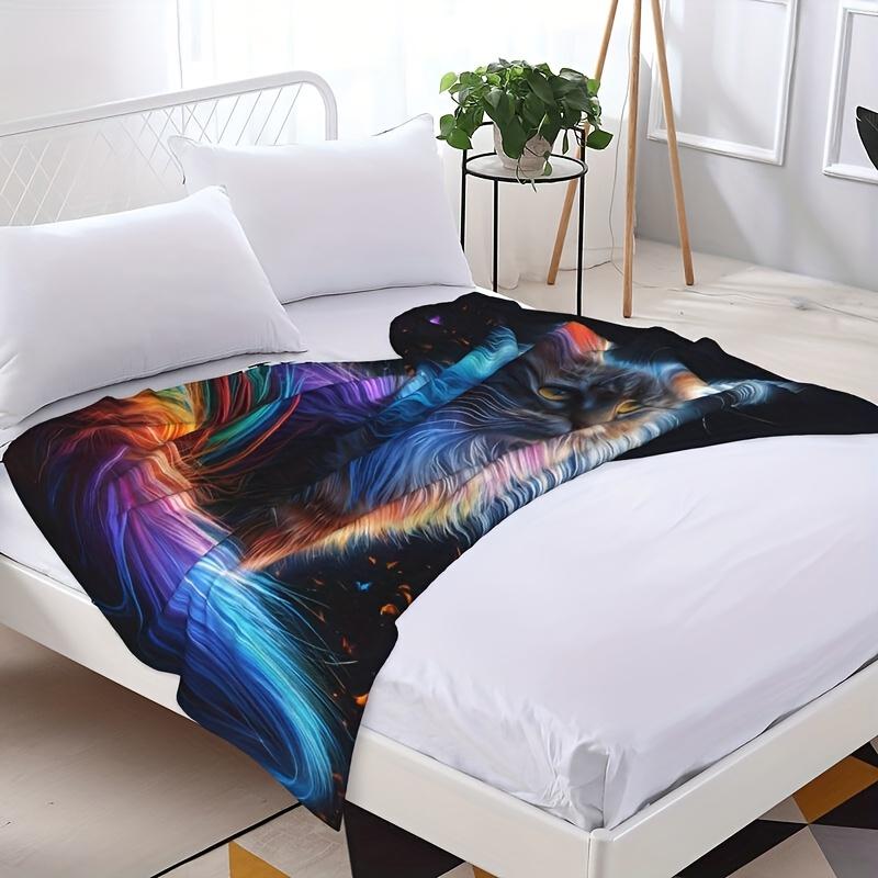 Vintage Fantasy Cat Print Flannel Blanket All-Season Knitted Polyester Shawl for BedroomDorm,CarOutdoor SofaTravelOfficeCamping