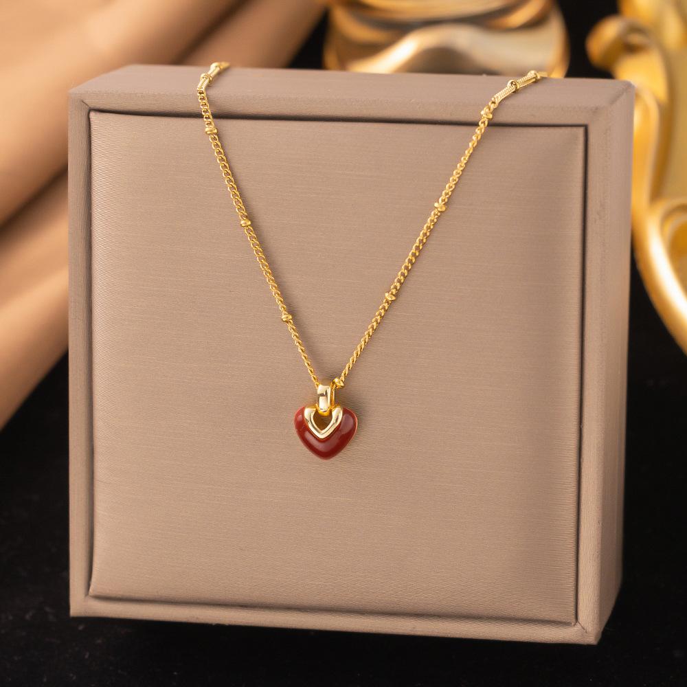 Vintage Wine Red Enamel Drip Oil Heart Stud Earrings for Women Exquisit Earrings Pendant Necklace Set Fashion Charm Jewelry Gift