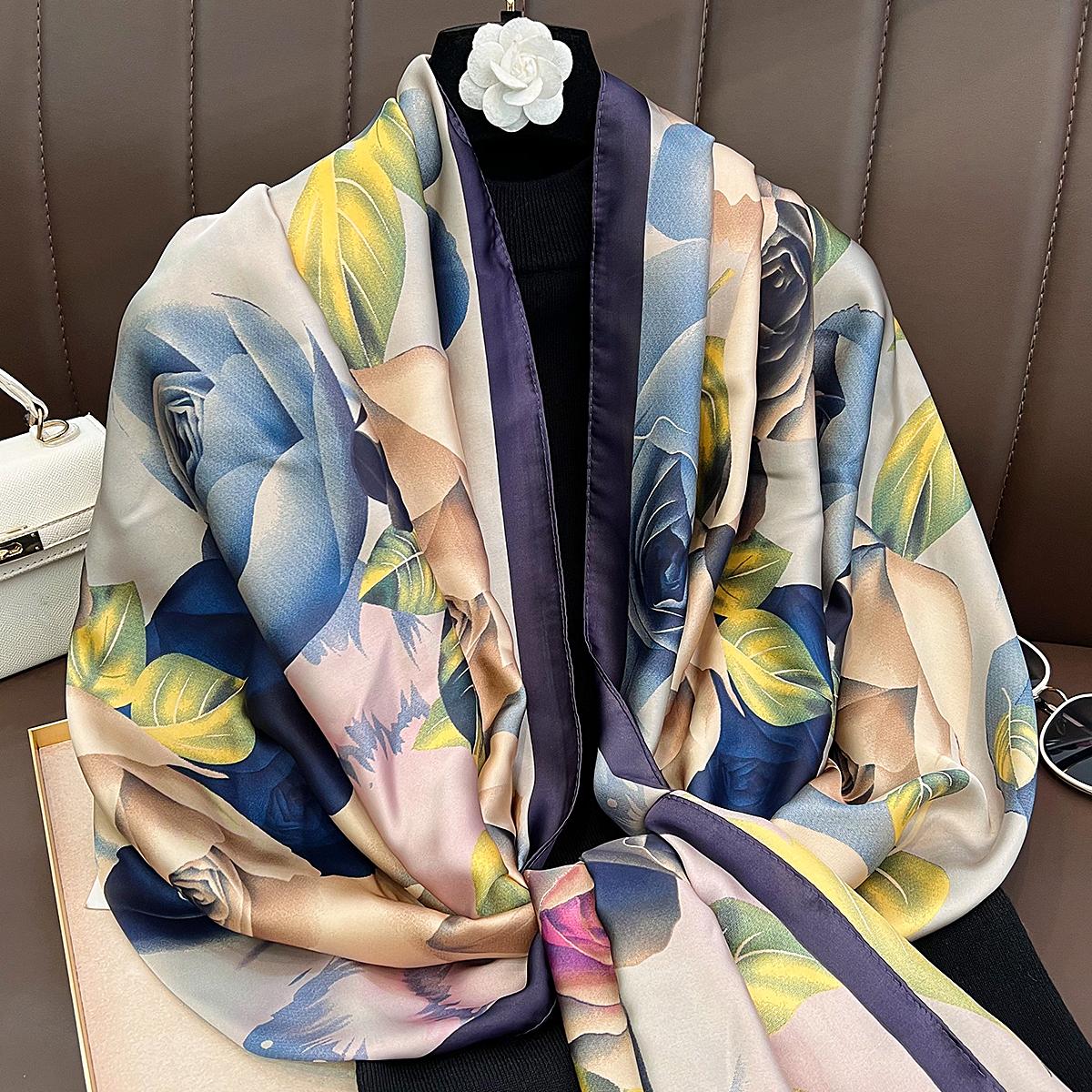 

Spring and summer new multi-colored rose long shawl women s travel temperament versatile thin sunscreen silk scarf 180cm