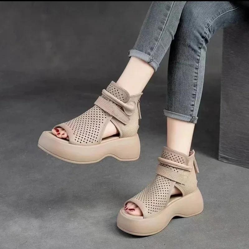 2024 Retro Soft PU Leather Ladies Boots Fashion Woman Sandals Summer Fish Mouth Sandals Wedges Mid Heels Shoe Women Sandalias