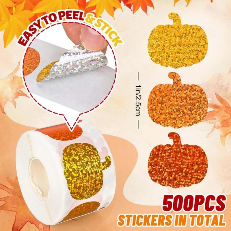 500 Stück/Rolle Halloween Kürbis Laser Aufkleber Thanksgiving Herbsternte Orange Kürbis Party Geschenkverpackung Box Dekoration Aufkleber