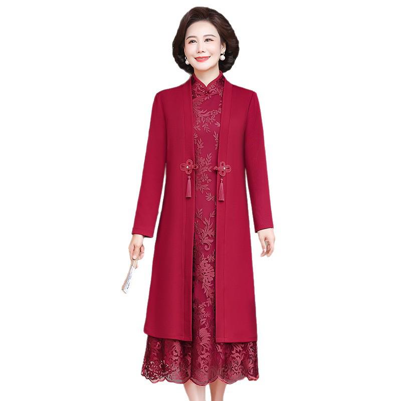 Elegant Midi-Length Two-Piece Cheongsam Dress for Mothers-in-Law - Spring/Autumn Style