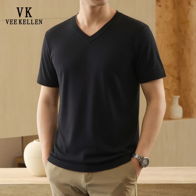 VEE KELLEN Men's Silk Blend V-Neck Short Sleeve T-Shirt