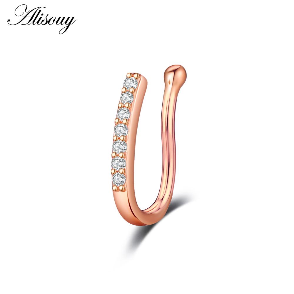 Alisouy 1pc Zirconia Fake Piercing Clip Nose Ring Body Jewelry for Women Ear Cuffs Heart Cross Star Leaf Flowers Clip Nose Rings