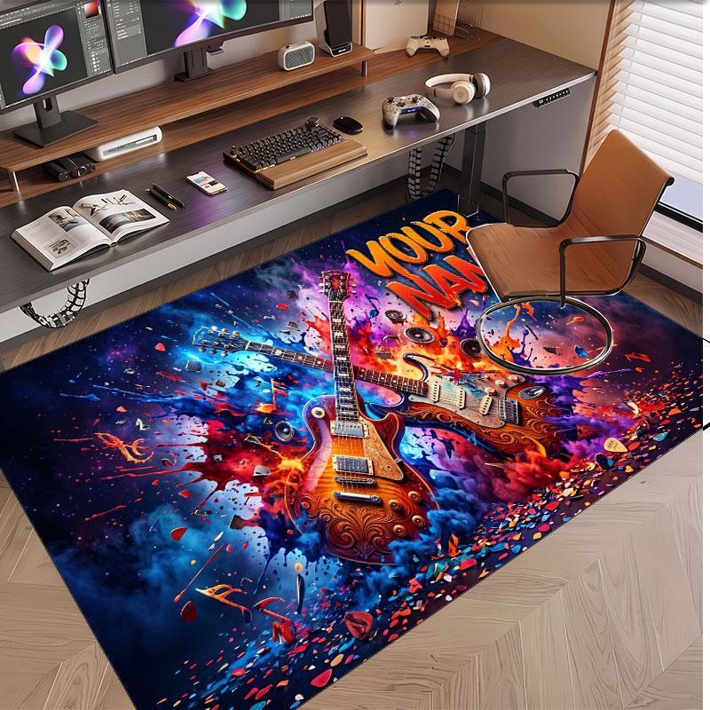 Music Guitar Theme Soft Crystal Velvet Rug Custom Name & Text Print Non Slip Floor Rug for Bedroom Living Room