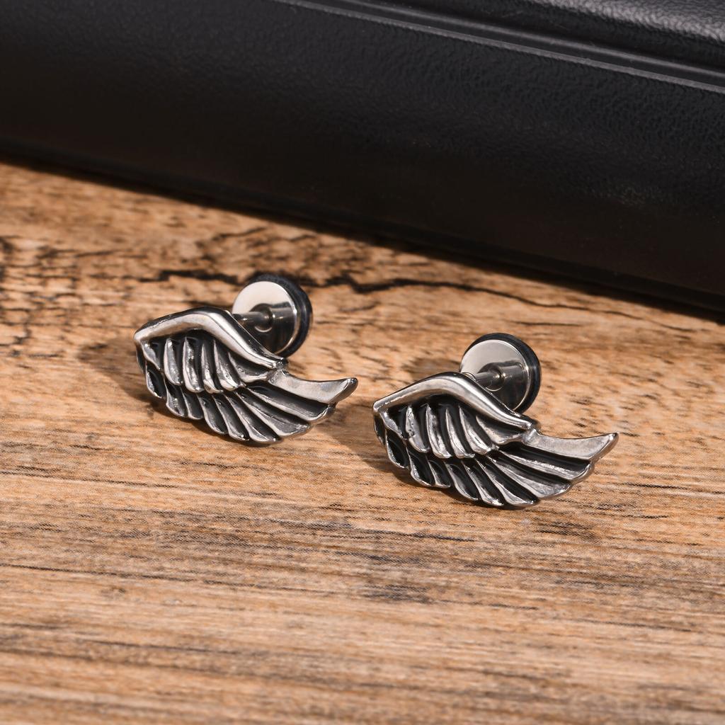 Stainless Steel Jewelry Vintage Devil Wing Man Earrings Angel Wing Feather Stud Gothic Dad Boyfriend Valentine's Day Gift