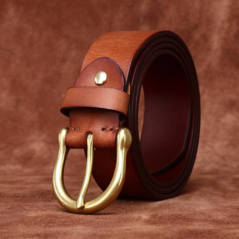 Retro Washed Matte Old First Layer Cowhide Belt Men'S Genuine Leather Brass Buckle Simple Casual Jeans Belt Men