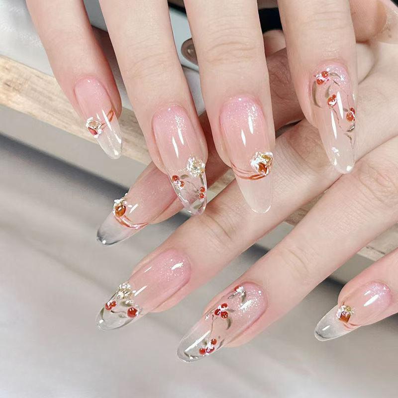 Chinese Acacia Bean Nail Art Sticker Relief Jelly Crystal Diamond Red Bean Green Leaf Nail Decorative Decal Piece