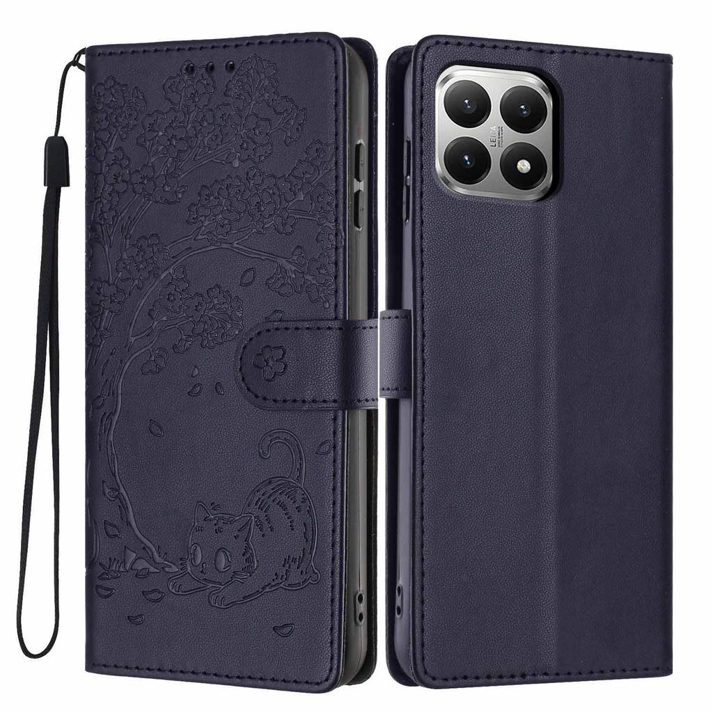 For Xiaomi 15T Stand Case Tree-and-Cat Pattern PU Leather Wallet Protective Phone Cover with Wrist Strap