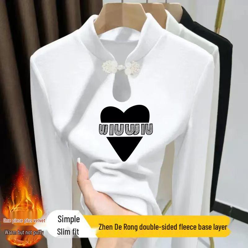 

Autumn/Winter Women s National Style Frog Button Stand Collar Long Sleeve T-shirt - Warm Print with Water Drop Collar XL (115-130 jin)