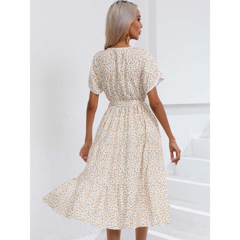 Summer Short Sleeve Floral Printed Women Dress New V Neck Fashion Elegant Loose Casual Party A-line Dresses Female Lace-up Women's Clothing