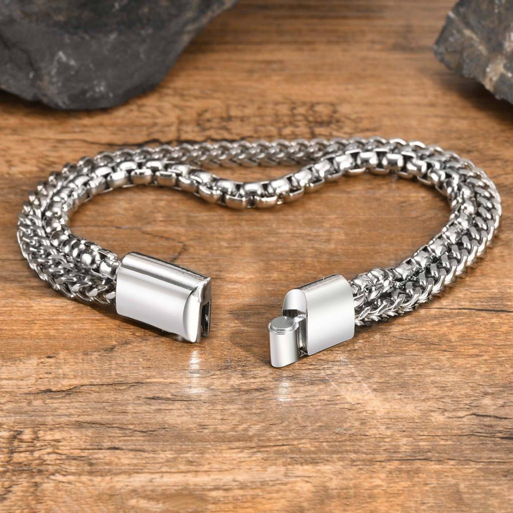 Mens Stainless Steel Bracelets,Double Layer Chain Links Wristband with Magnetic Button,Trendy Jewelry Gifts for Dad Boys