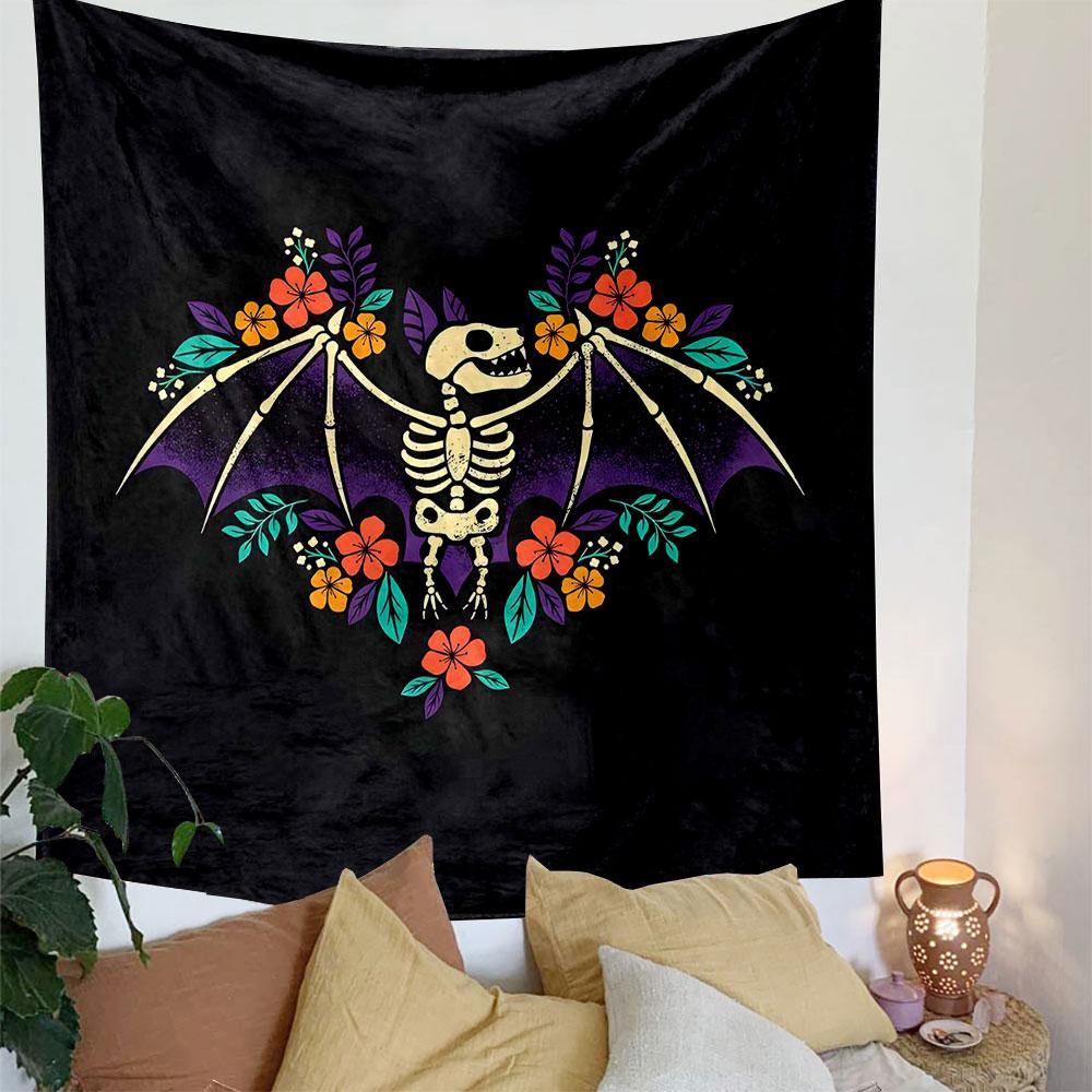 Skeleton Bat with Floral Wings Design Patterned Tapestry Decorative Wall Hanging, Home Bedroom Living Room Decor