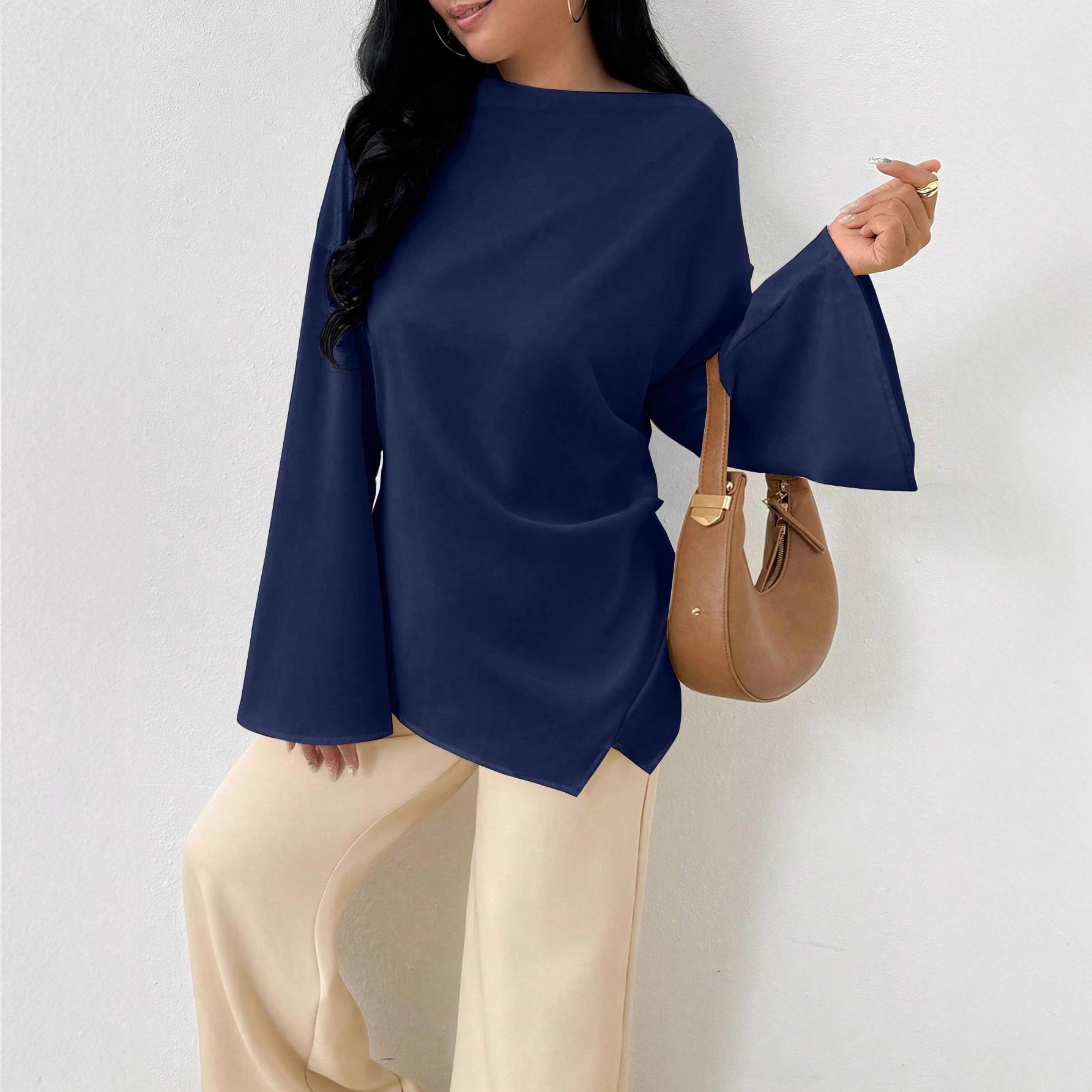 

European & American Women s Sexy Slim Irregular Boat Neck Long Sleeve T-Shirt - Spring/Autumn 2025 Collection. M темно-синього кольору